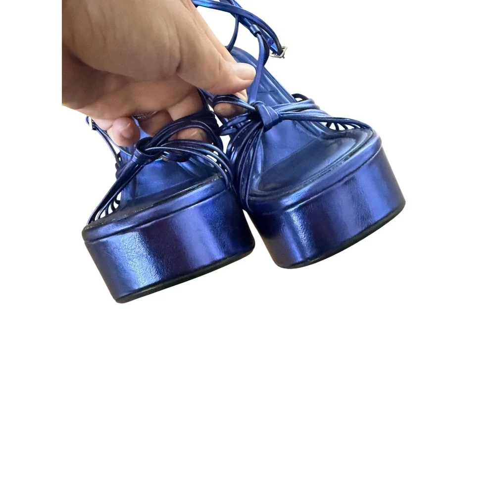 Zara Metallic Blue Strappy Platform Sandals Flared Block Heel Size 37 - Picture 3 of 7